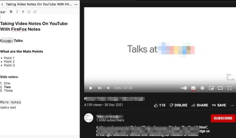 Taking Video Notes On YouTube With FireFox Notes